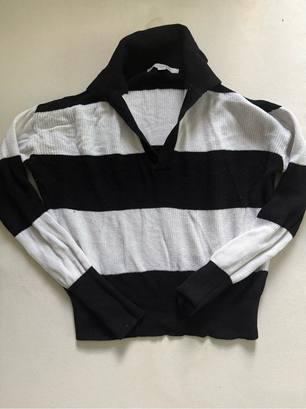 LOFT Black and White Striped V-Neck Sweater